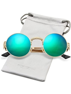 AIEYEZO Round Steampunk Sunglasses John Lennon Hippie Glasses Metal Frame 100% UV Blocking Lens