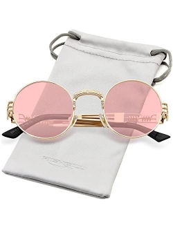 AIEYEZO Round Steampunk Sunglasses John Lennon Hippie Glasses Metal Frame 100% UV Blocking Lens