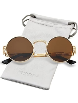 AIEYEZO Round Steampunk Sunglasses John Lennon Hippie Glasses Metal Frame 100% UV Blocking Lens