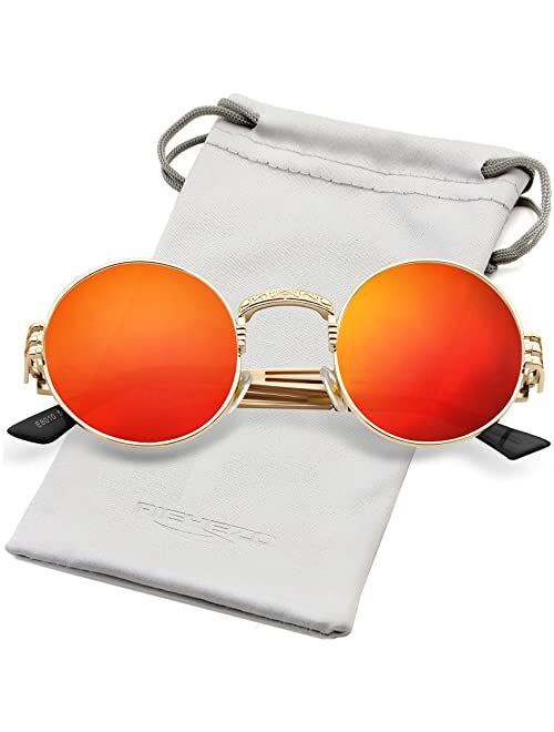 AIEYEZO Round Steampunk Sunglasses John Lennon Hippie Glasses Metal Frame 100% UV Blocking Lens