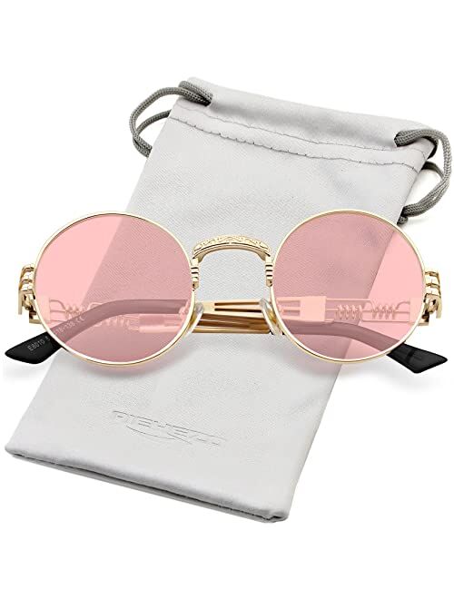 AIEYEZO Round Steampunk Sunglasses John Lennon Hippie Glasses Metal Frame 100% UV Blocking Lens