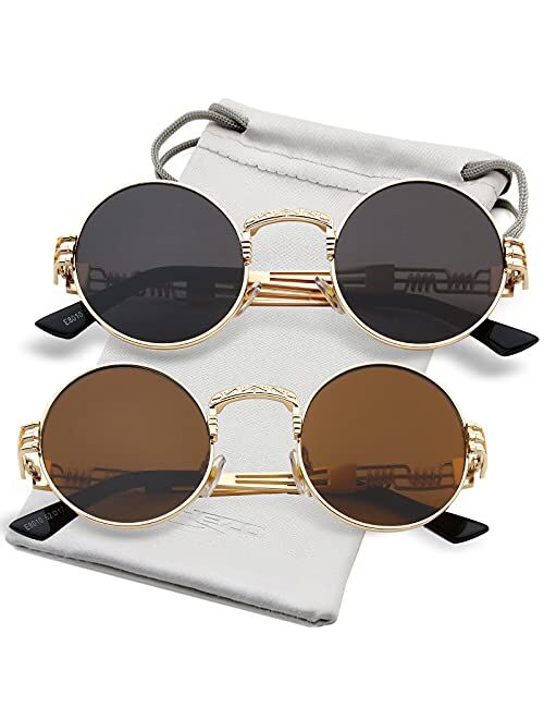 AIEYEZO Round Steampunk Sunglasses John Lennon Hippie Glasses Metal Frame 100% UV Blocking Lens