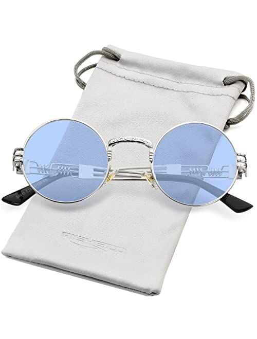 AIEYEZO Round Steampunk Sunglasses John Lennon Hippie Glasses Metal Frame 100% UV Blocking Lens