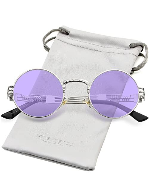 AIEYEZO Round Steampunk Sunglasses John Lennon Hippie Glasses Metal Frame 100% UV Blocking Lens