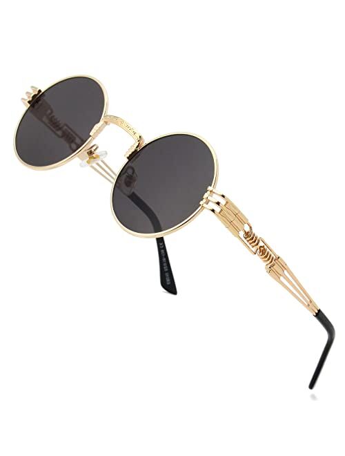 AIEYEZO Round Steampunk Sunglasses John Lennon Hippie Glasses Metal Frame 100% UV Blocking Lens