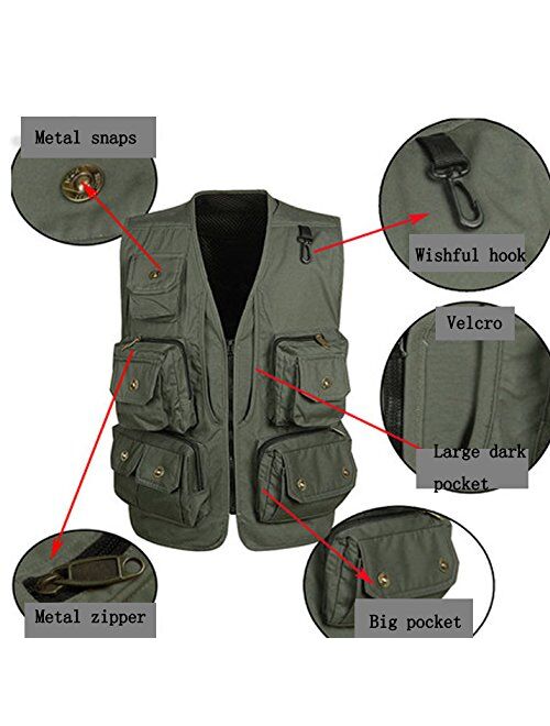 Flygo Men's Fishing Hunting Photography Travel Vest with Multiple Pockets