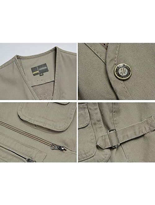 Flygo Men's Casual Cotton Outdoor Work Safari Travel Photo Vest with Multi Pockets