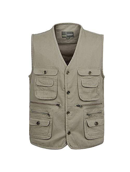 Flygo Men's Casual Cotton Outdoor Work Safari Travel Photo Vest with Multi Pockets