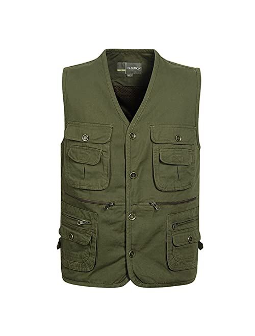 Flygo Men's Casual Cotton Outdoor Work Safari Travel Photo Vest with Multi Pockets