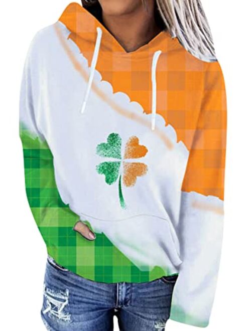 YMING Womens St. Patrick's Hoodie Clover Print Casual Long Sleeve Sweatshirt Irish Shamrock Pullover Tops