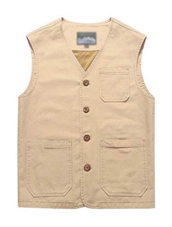 Flygo Men's Casual Cotton Outdoor-Fishing Travel Vest with Pockets