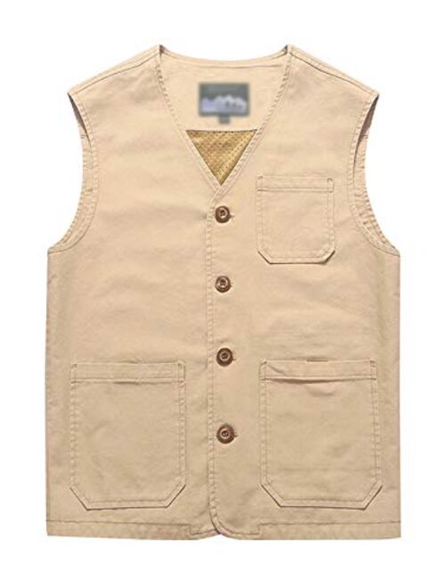 Flygo Men's Casual Cotton Outdoor-Fishing Travel Vest with Pockets