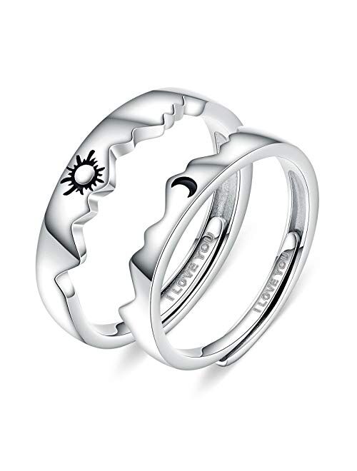 Beydodo 925 Sterling Silver Rings Engagement Couple Rings Sun and Moon 2In1 I Love You Rings Adjustable Custom