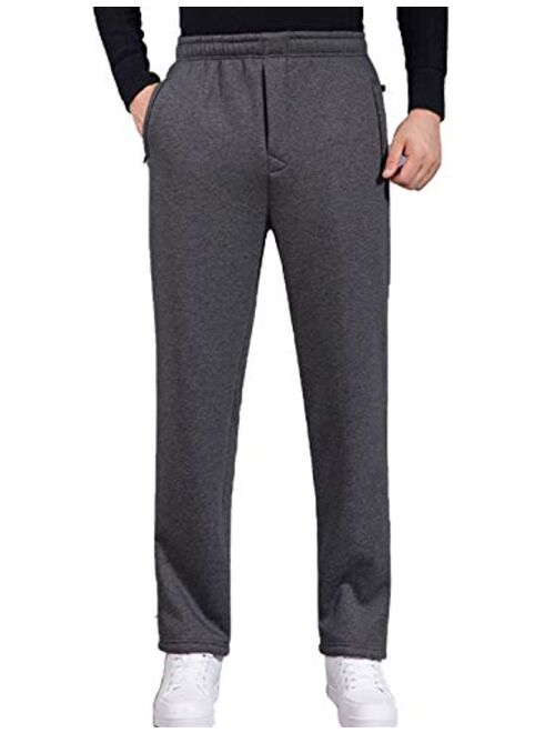 Flygo Men's Sherpa Lined Sweatpants Winter Warm Fleece Pants Joggers Zipper Front