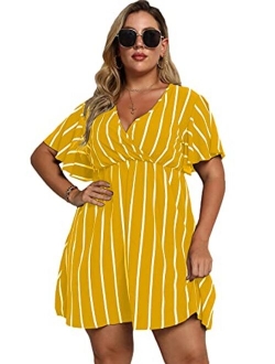 Women's Plus Size Striped Print Wrap V Neck Short Sleeve A Line Dress