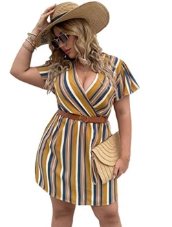 Women's Plus Size Striped Print Wrap V Neck Short Sleeve A Line Dress