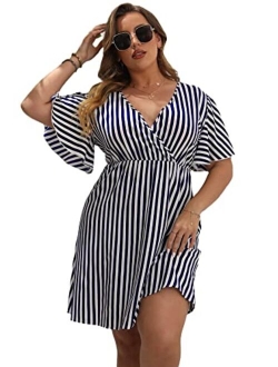 Women's Plus Size Striped Print Wrap V Neck Short Sleeve A Line Dress