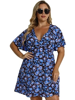 Women's Plus Size Striped Print Wrap V Neck Short Sleeve A Line Dress