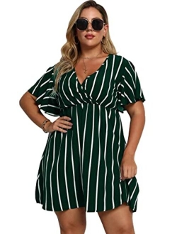 Women's Plus Size Striped Print Wrap V Neck Short Sleeve A Line Dress