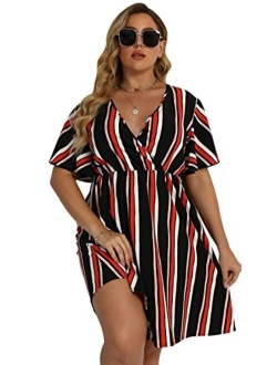 Women's Plus Size Striped Print Wrap V Neck Short Sleeve A Line Dress