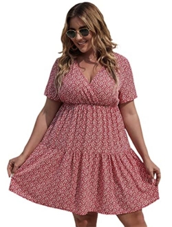 Women's Plus Size Striped Print Wrap V Neck Short Sleeve A Line Dress