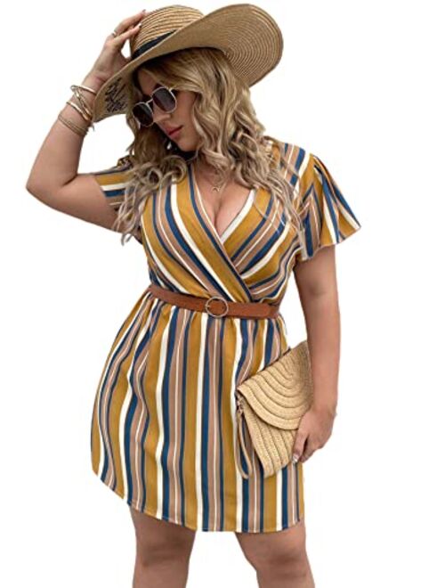 Floerns Women's Plus Size Striped Print Wrap V Neck Short Sleeve A Line Dress