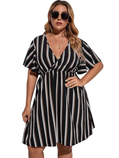 Floerns Women's Plus Size Striped Print Wrap V Neck Short Sleeve A Line Dress