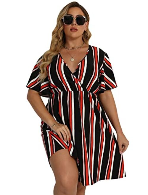 Floerns Women's Plus Size Striped Print Wrap V Neck Short Sleeve A Line Dress