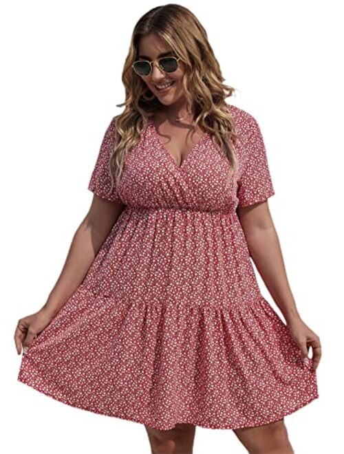 Floerns Women's Plus Size Striped Print Wrap V Neck Short Sleeve A Line Dress