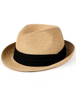 Fedora Straw Sun Hat for Men Women Foldable Roll Up Short Brim Trilby Hat Panama Beach Hat UPF 50