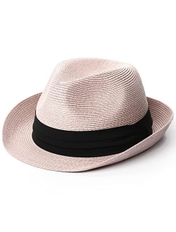 Fedora Straw Sun Hat for Men Women Foldable Roll Up Short Brim Trilby Hat Panama Beach Hat UPF 50