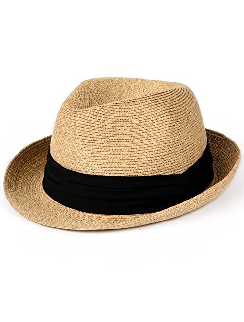 FURTALK Fedora Straw Sun Hat for Men Women Foldable Roll Up Short Brim Trilby Hat Panama Beach Hat UPF 50+