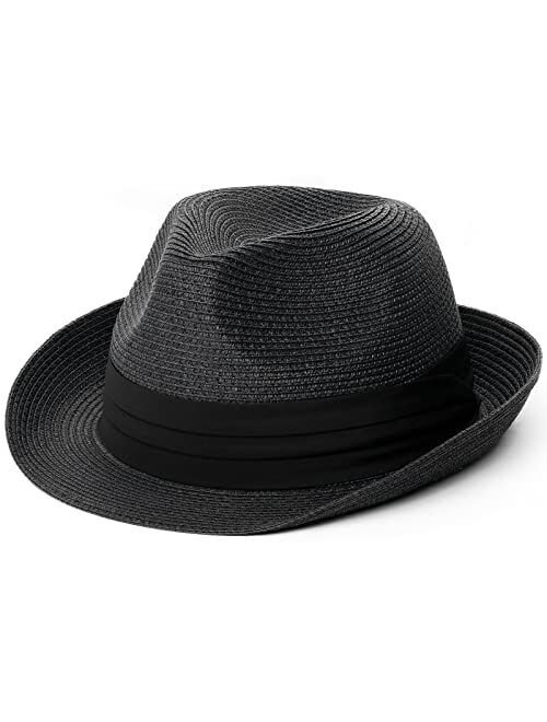 FURTALK Fedora Straw Sun Hat for Men Women Foldable Roll Up Short Brim Trilby Hat Panama Beach Hat UPF 50+