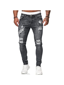 HUNGSON Men's Blue Slim Fit Jeans Stretch Destroyed Ripped Skinny Jeans Side Striped Denim Pants