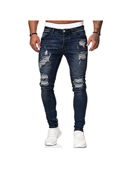 HUNGSON Men's Blue Slim Fit Jeans Stretch Destroyed Ripped Skinny Jeans Side Striped Denim Pants