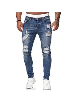 HUNGSON Men's Blue Slim Fit Jeans Stretch Destroyed Ripped Skinny Jeans Side Striped Denim Pants