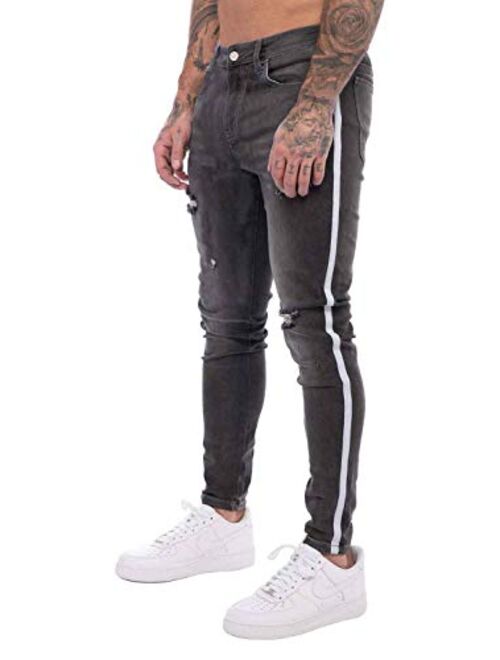 HUNGSON Men's Blue Slim Fit Jeans Stretch Destroyed Ripped Skinny Jeans Side Striped Denim Pants