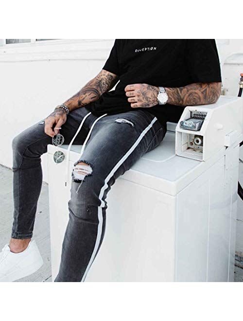 HUNGSON Men's Blue Slim Fit Jeans Stretch Destroyed Ripped Skinny Jeans Side Striped Denim Pants