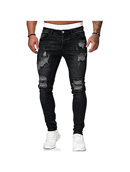 HUNGSON Men's Blue Slim Fit Jeans Stretch Destroyed Ripped Skinny Jeans Side Striped Denim Pants