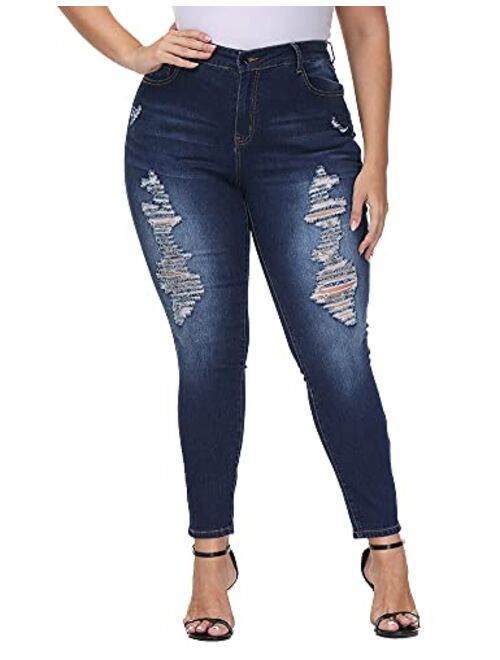 ALLEGRACE Plus Size Jeans for Women High Waisted Stretch Ripped Casual Distressed Skinny Jeans Capri Pants