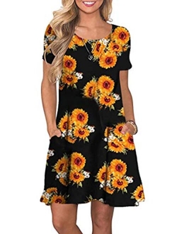 YMING Women's Plus Size Casual Floral Print Dress Summer Mini Shirt Dresses with Pockets