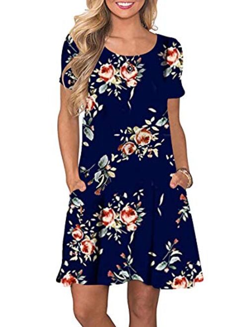 YMING Women's Plus Size Casual Floral Print Dress Summer Mini Shirt Dresses with Pockets