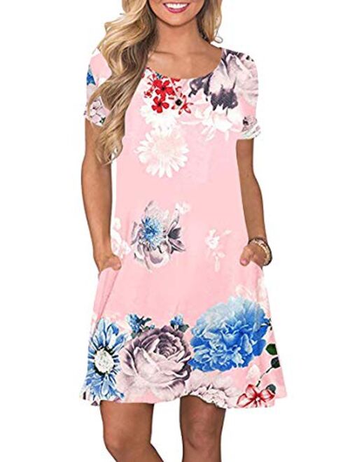 YMING Women's Plus Size Casual Floral Print Dress Summer Mini Shirt Dresses with Pockets