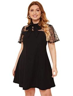 Women's Plus Size Contrast Mesh Short Sleeve Bow Tie Neck A-Line Party Dress