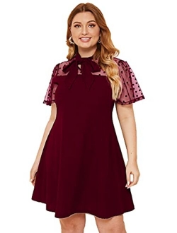 Women's Plus Size Contrast Mesh Short Sleeve Bow Tie Neck A-Line Party Dress