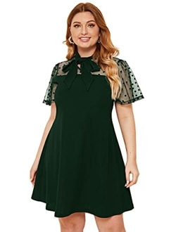 Women's Plus Size Contrast Mesh Short Sleeve Bow Tie Neck A-Line Party Dress