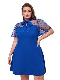 Women's Plus Size Contrast Mesh Short Sleeve Bow Tie Neck A-Line Party Dress