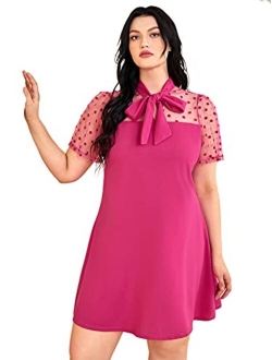 Women's Plus Size Contrast Mesh Short Sleeve Bow Tie Neck A-Line Party Dress