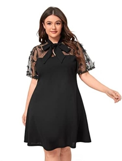 Women's Plus Size Contrast Mesh Short Sleeve Bow Tie Neck A-Line Party Dress