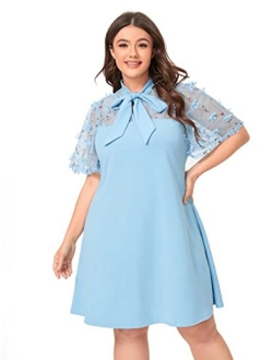 Women's Plus Size Contrast Mesh Short Sleeve Bow Tie Neck A-Line Party Dress